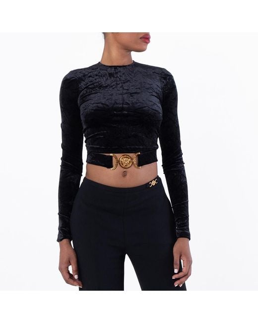 Versace Black Velvet Logo Plaque Crop Top, Brand Size 38 Us