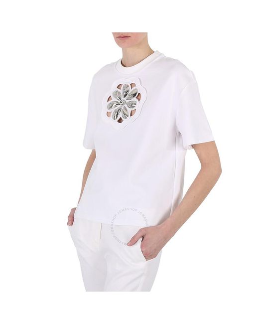 Area White Mussel Flower Embellished Cutout Jersey T-shirt