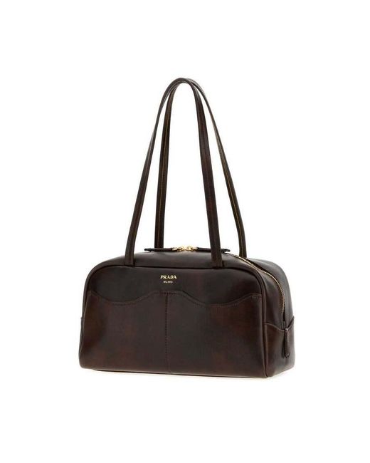 Prada Black Dark Leather Large Carry Shoulder Bag Cacao Borse A Mano