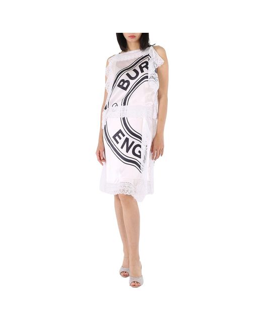 Burberry White Ladies Lace-Detail Logo Silk Slip Midi-Dress, Brand Size 10 (Us