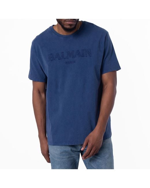 Balmain Blue Vintage Logo Embroidered T-Shirt for men