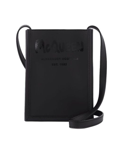 McQueen Black Logo-Embossed Crossbody Bag for men