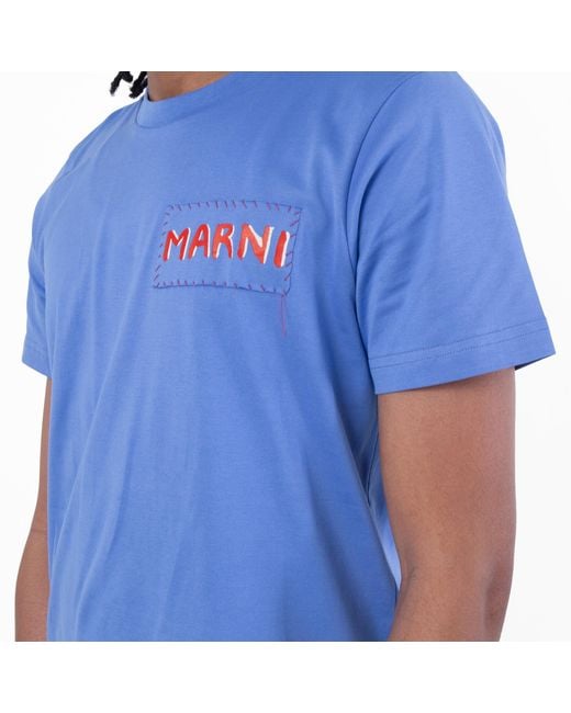Marni Blue Logo Label Crewneck Cotton T-Shirt for men