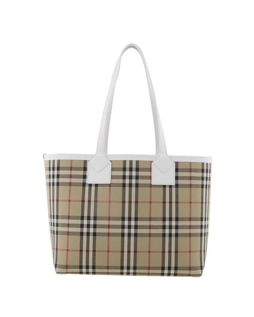 Burberry Metallic Ladies Archive Check Cotton Canvas Small London Tote