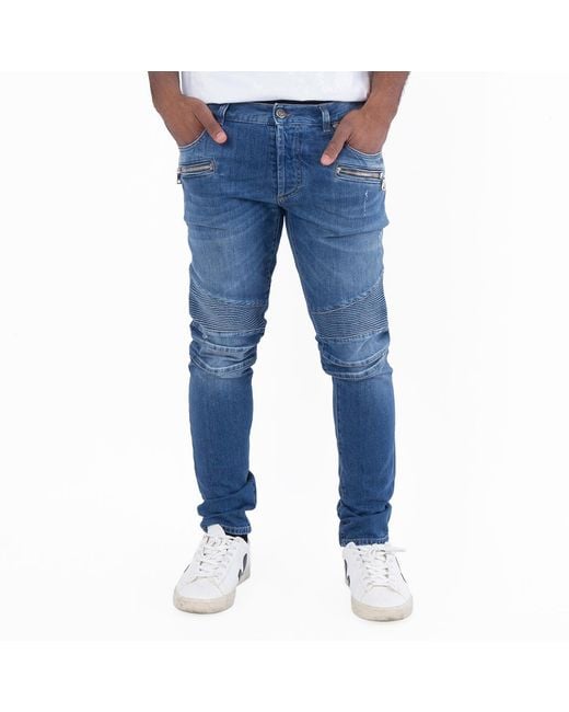 Balmain Blue Ribbed-Detail Skinny Jeans, Waist for men