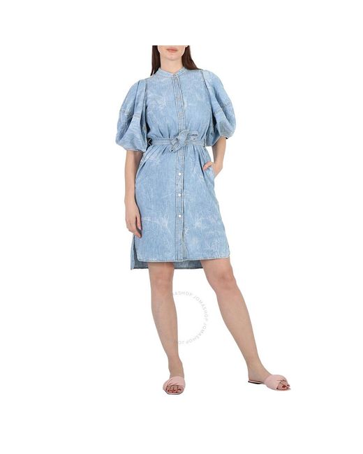 Stella McCartney Blue Crinkle Denim Puff Sleeve Dress