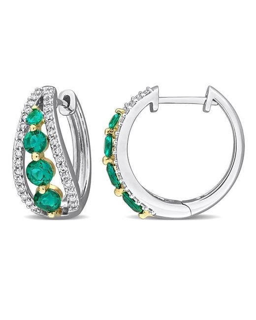 Created Forever Metallic 1/2 Ct Lab Grown Diamond Tw And 1 1/3 Ct Tgw Created Emerald Hoop Earrings 14K