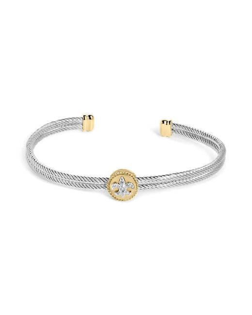 Haus of Brilliance Metallic 18K Plated .925 Sterling Diamond Accent & Fleur Di Lis Medallion Bangle Bracelet