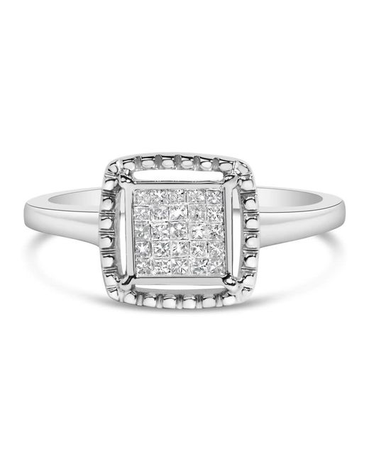 Haus of Brilliance White 925 Sterling 1/5 Cttw Invisible Set Princess Cut Diamond Promise Ring With Beaded Halo