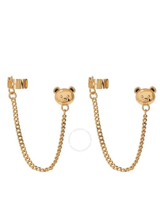 Moschino Metallic Gold Teddy Bear Logo Chain Drop Earrings