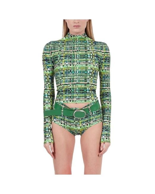 Ferragamo Green Technical Jersey Check Pattern Shirt