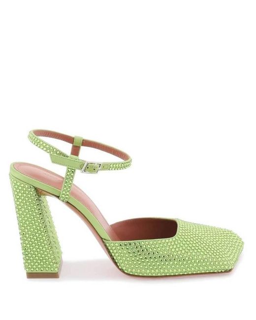 AMINA MUADDI Green Satin Lime Charlotte Pumps With Crystals, Brand Size 35.5 (Us