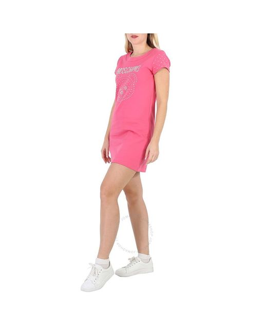 Moschino Pink Fuschia Stretch-cotton Teddy Crystal T-shirt Dress