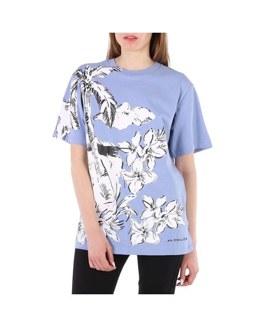 Moncler Blue Light Floral Print Cotton Crew Neck T-shirt
