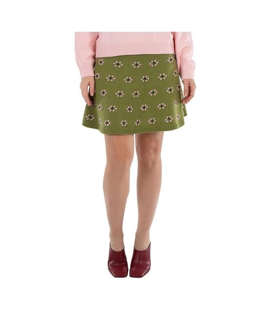 KENZO Green Wool Floral Motif Mini Skirt