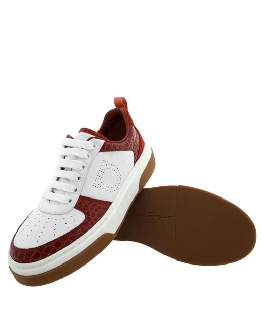 Ferragamo Red Cassina Croc-Embossed Leather Sneakers for men