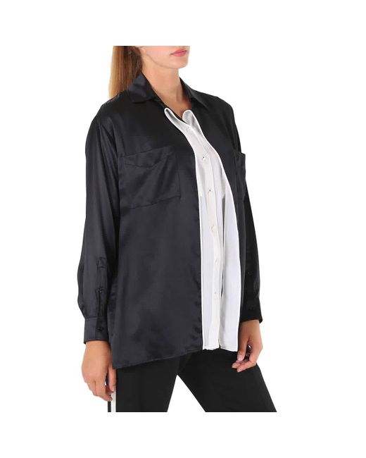 Burberry Black Logo Applique Silk Satin Long Sleeve Shirt