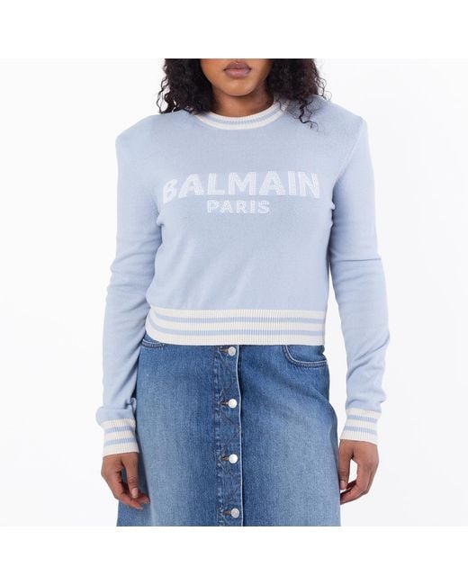 Balmain Blue Logo Embossed Cropped Sweater, Brand Size 36 (Us