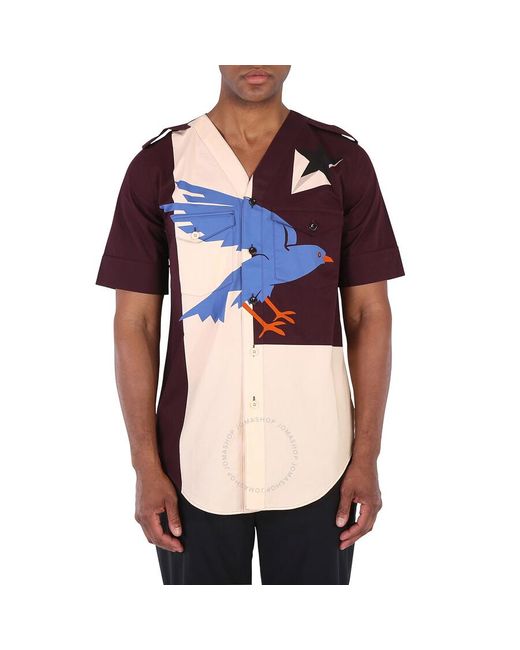Burberry Blue Deep Maroon Bird Geo Print Short Sleeve Cotton Shirt for men