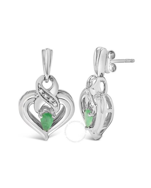 Haus of Brilliance Green .925 Sterling Silver 5x3mm Pear Emerald Gemstone With Diamond Accent Heart Dangle Stud Earrings