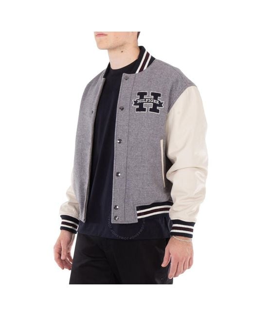 Tommy Hilfiger Gray Colour-Blocked Leather Sleeve Varsity Jacket for men