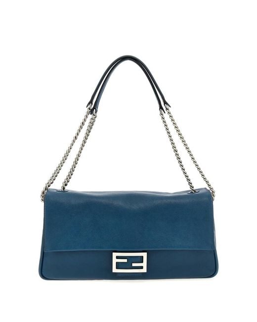 Fendi Blue Baguette Chain Large Shoulder Bag