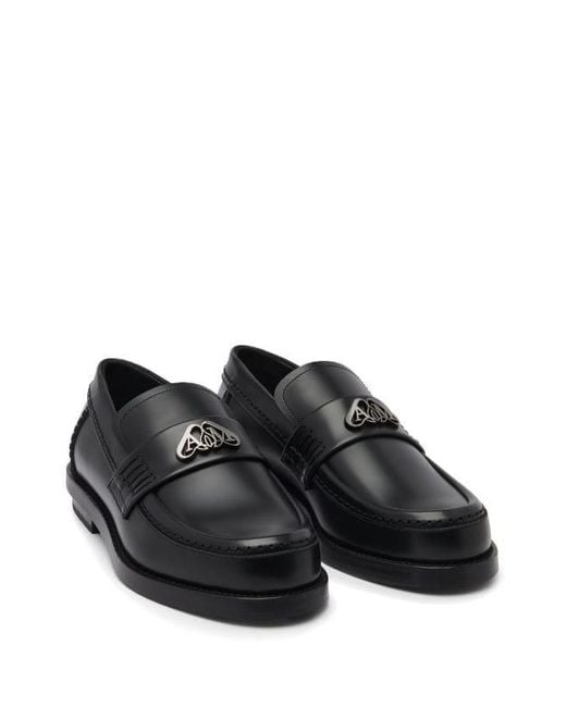 McQueen Black Seal-Plaque Leather Loafers, Brand Size 37 Us