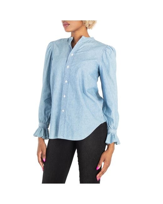 Polo Ralph Lauren Blue Puff-Sleeve Frill-Trimmed Denim Shirt
