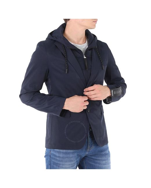 Boss Blue Performance Fabric With Hooded Inner 2-In-1 Slim-Fit Jacket, Brand Size 50 (Us for men