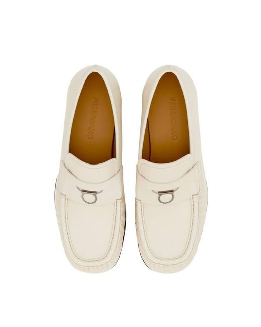Ferragamo White Slip-On Leather Delmo Loafers, Size for men