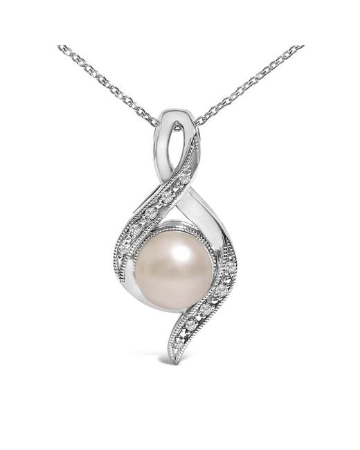 Haus of Brilliance Metallic Sterling 7Mm Cultured Pearl And Diamond Accent Swirl Pendant Necklace