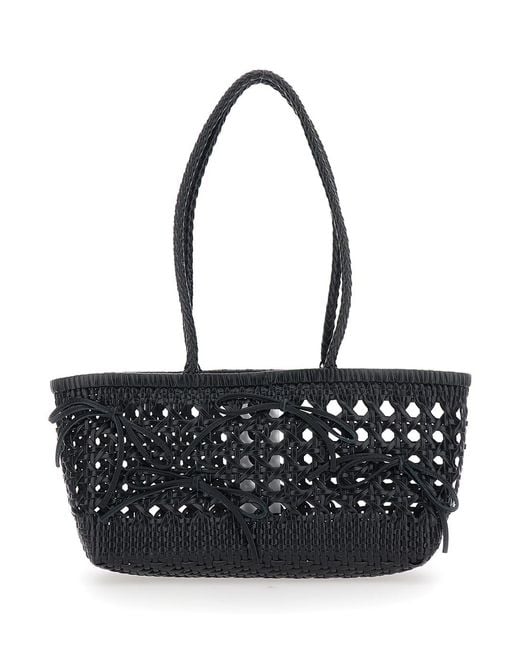 OSOI Black Biscuit Shoulder Bag With Double Round Handles And Braided Design