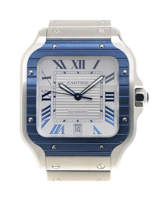 Cartier Blue Santos De Automatic Silver Dial Watch for men