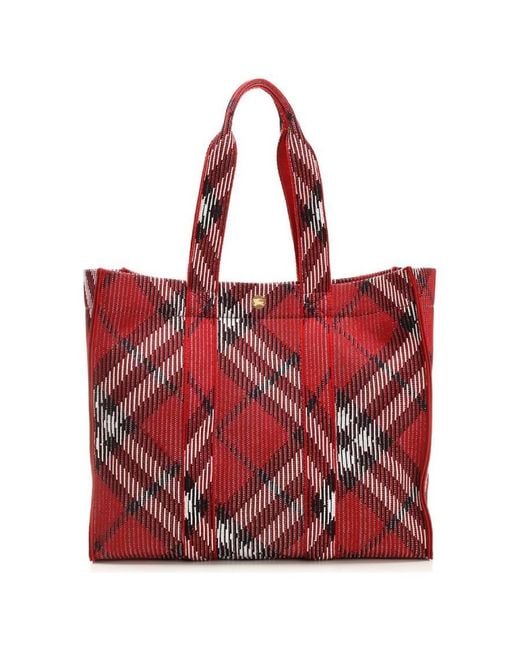 Burberry Red Medium Check Jacquard Shopper Tote