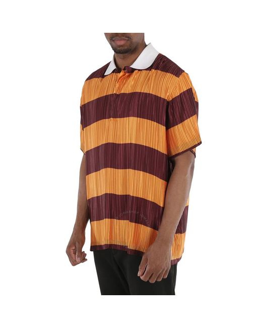 Burberry Orange Striped Plisse-pleated Polo Shirt for men