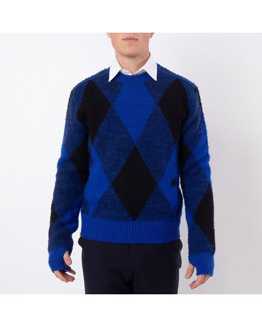 Burberry Blue Check Crew Knit Sweatshirt Wool for men