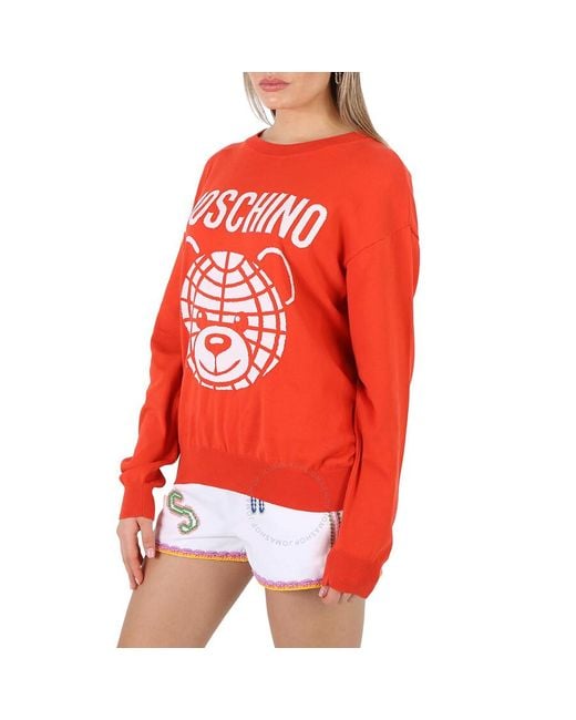 Moschino Red Fantasy Print Teddy Logo Intarsia-knit Cotton Sweater