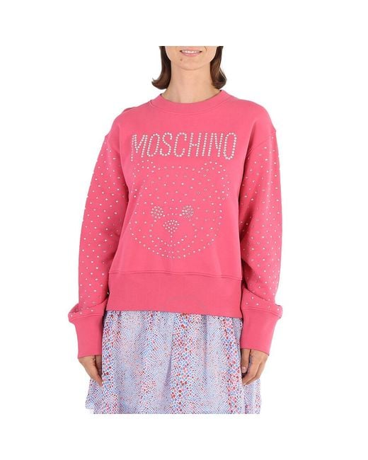 Moschino Red Fantasy Print Fucsia Crystal Teddy Bear Organic Cotton Sweatshirt