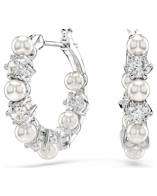 Swarovski White Matrix Crystal-Pearl Hoop Earrings