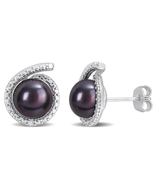 Amour Metallic 8-8.5Mm Freshwater Cultured Pearl And Diamond Accent Swirl Stud Earrings