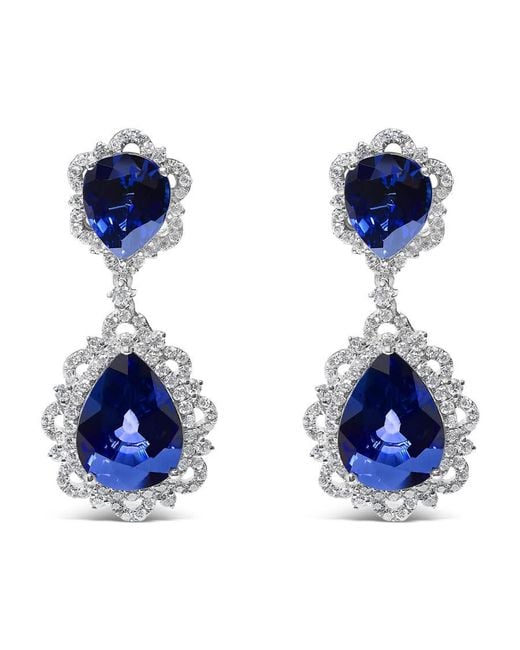 Haus of Brilliance Blue 18K Sapphire And Diamond 2.00 Cttw Diamond Halo Drop And Dangle Earring (G-H Color, Si1-Si2 Clarity)