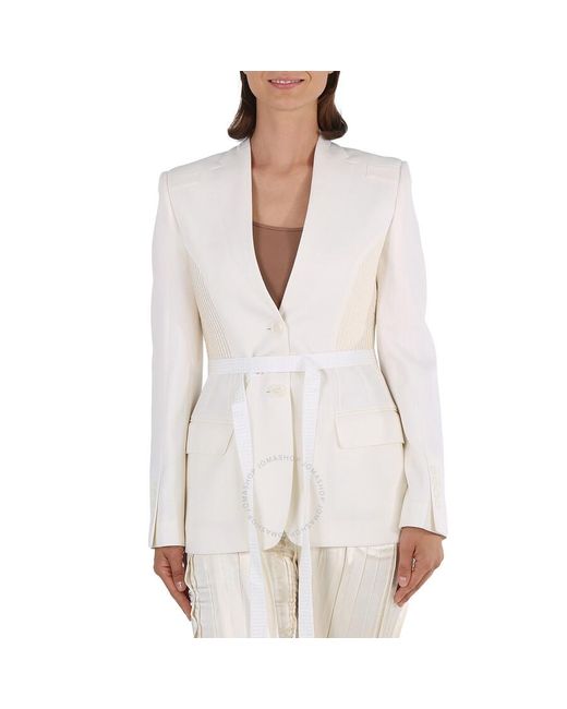 Burberry White Single-breasted Belted Wool Blazer Jacket