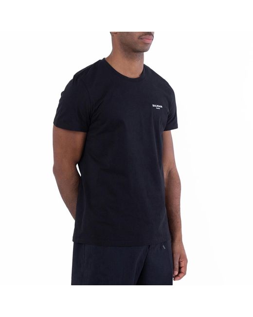 Balmain Black Flock Logo Cotton T Shirt for men