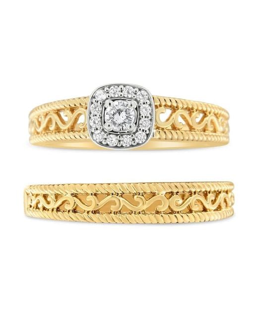 Haus of Brilliance Metallic 14K Over 1/5 Cttw Diamond Halo And Milgrain Finish Engagement Ring Bridal Set