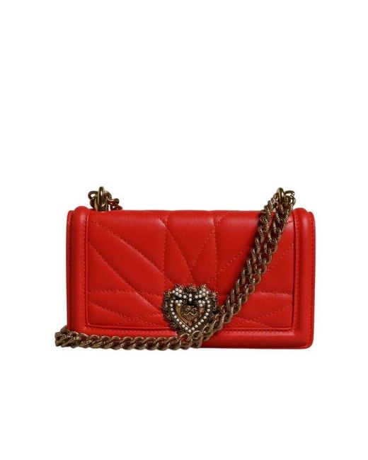 Dolce & Gabbana Red Quilted Devotion Crossbody Chain Phone Cover Bag Lamb Leather
