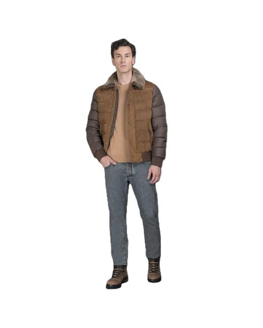 Moorer Brown Quilted Jacket With Fur Collar for men