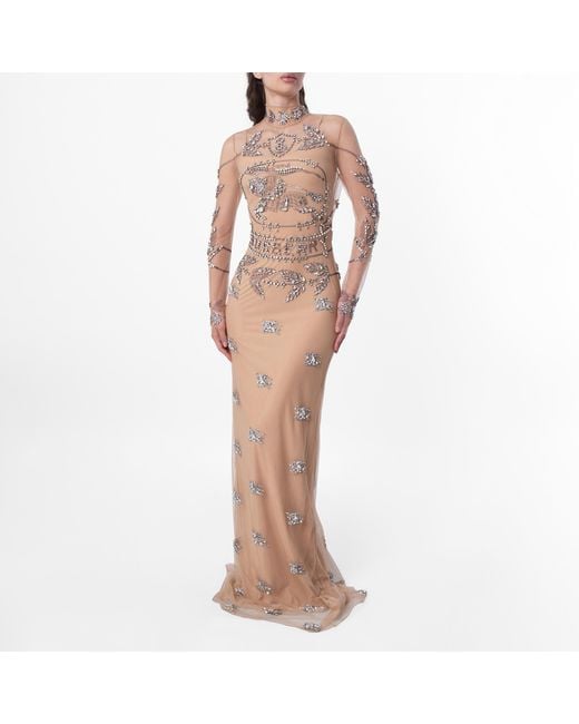 Burberry Natural Lila Sheer Diamond-Embellished Evening Gown, Brand Size 6 Us