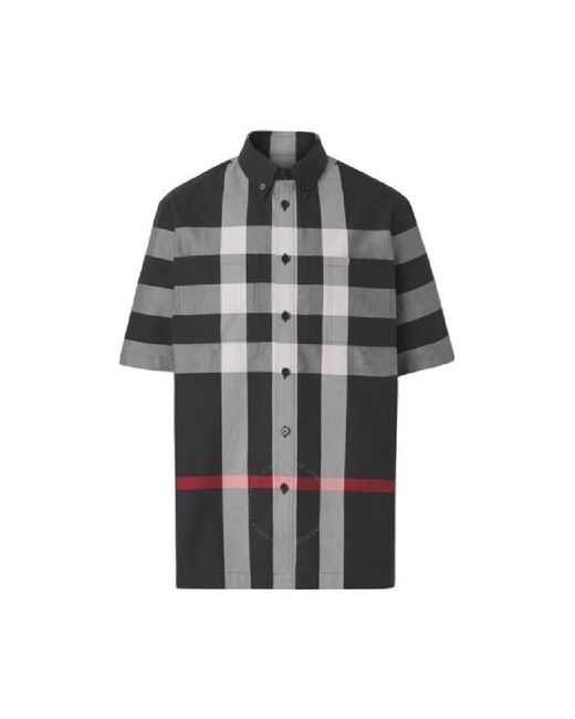 Burberry Black Short Sleeve Check Pattern Cotton Shirt for men