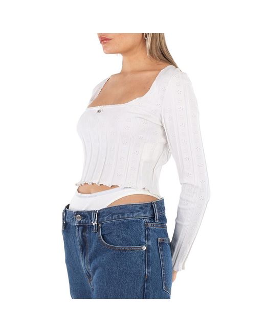 T By Alexander Wang Blue Ladies Soft Logo Pointelle Pullover