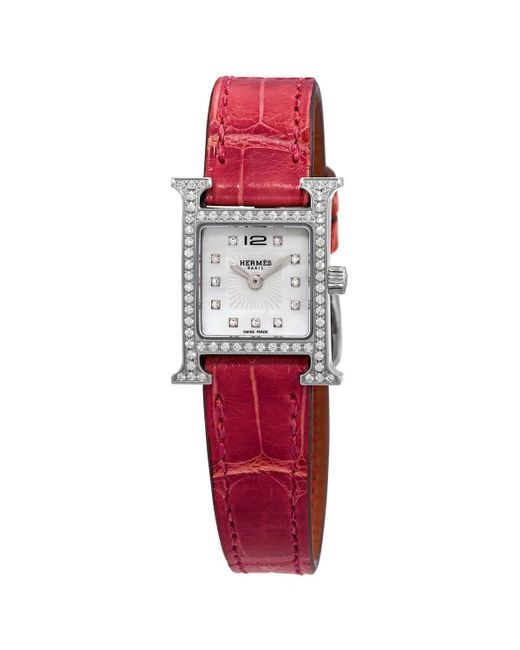 Hermès Red Heure H Quartz Diamond Mother Of Pearl Dial Watch